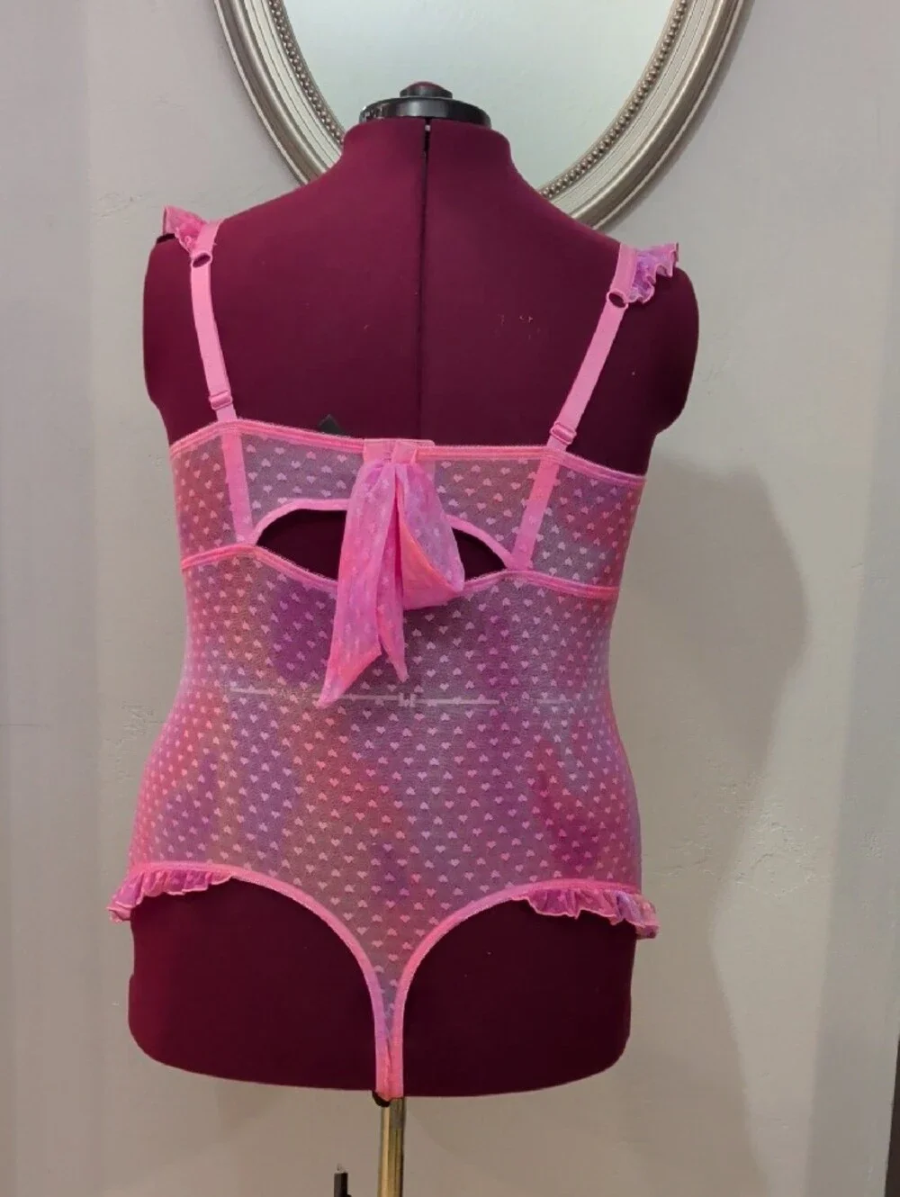 Sheer Pink Heart-Print Mesh Chemise with Ruffle Trim